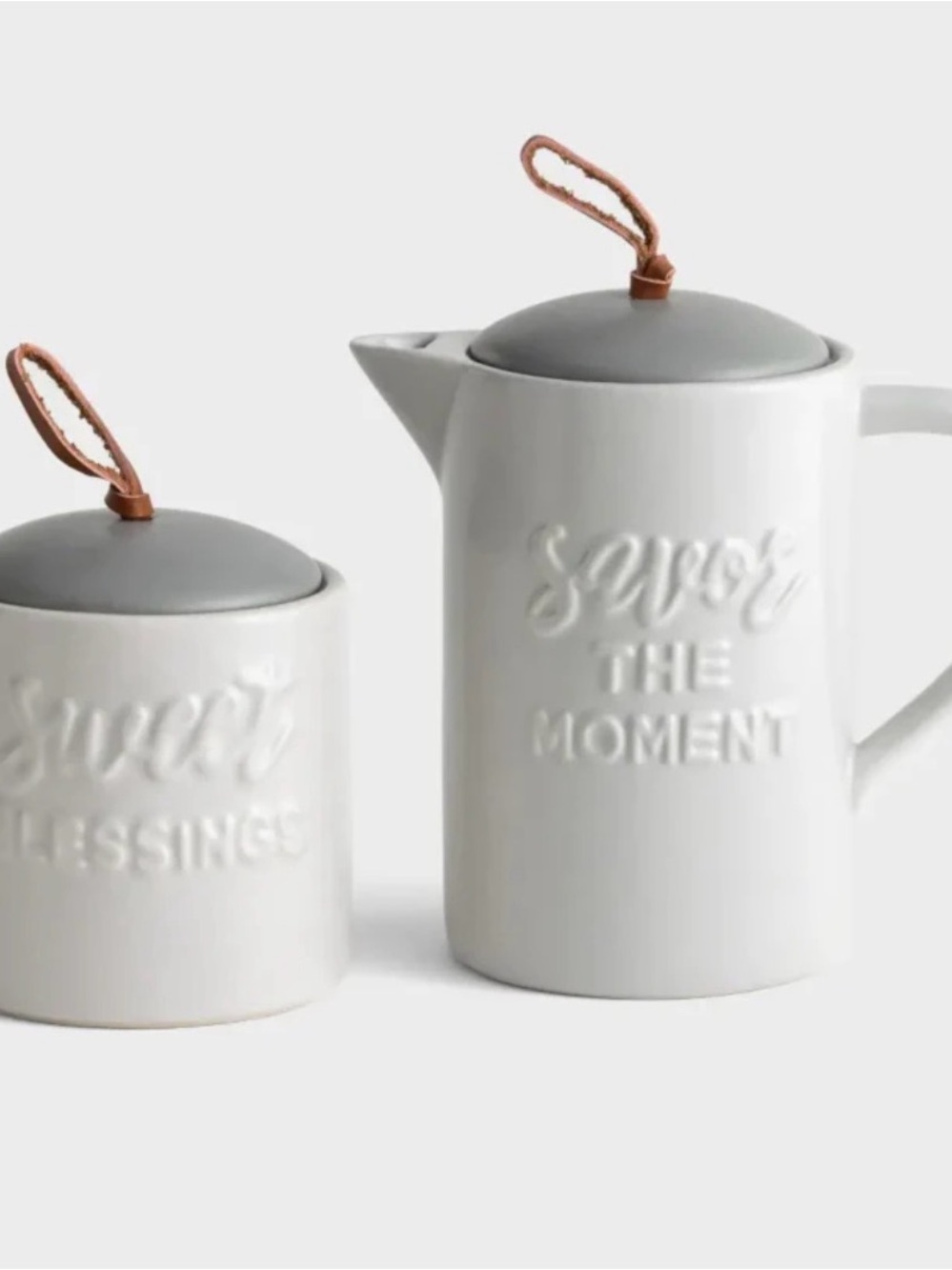 Embossed White Ceramic Teapot & Canister Set with Gray Lids